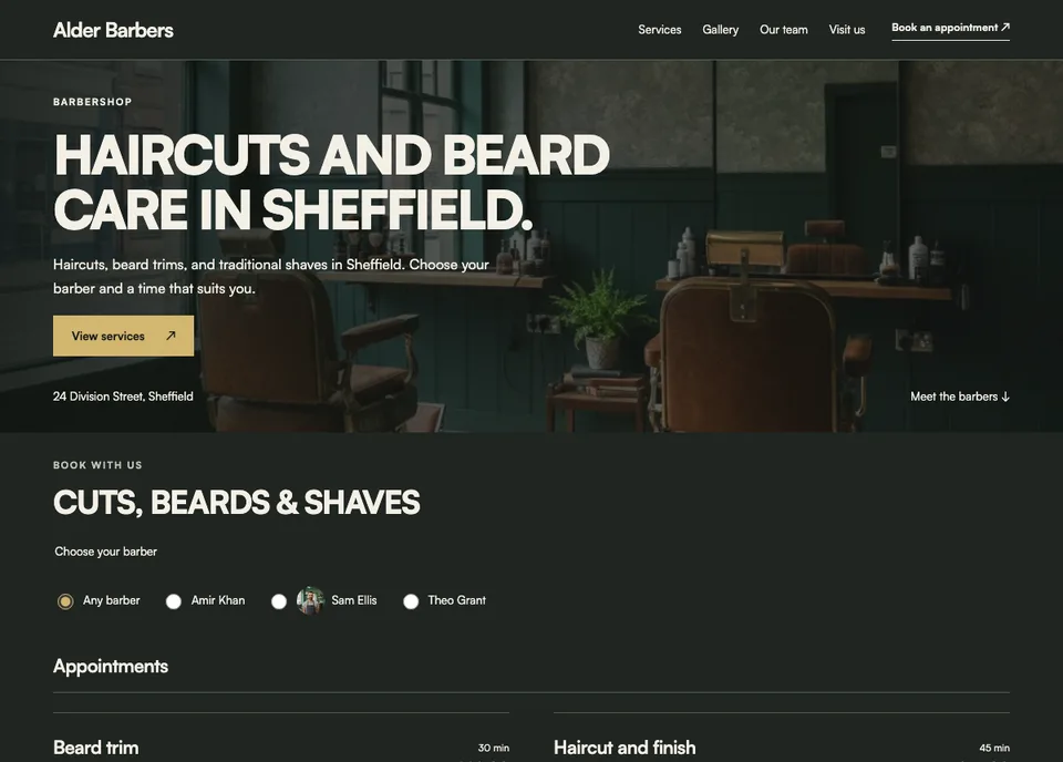 Barbershop website preview for Alder Barbers
