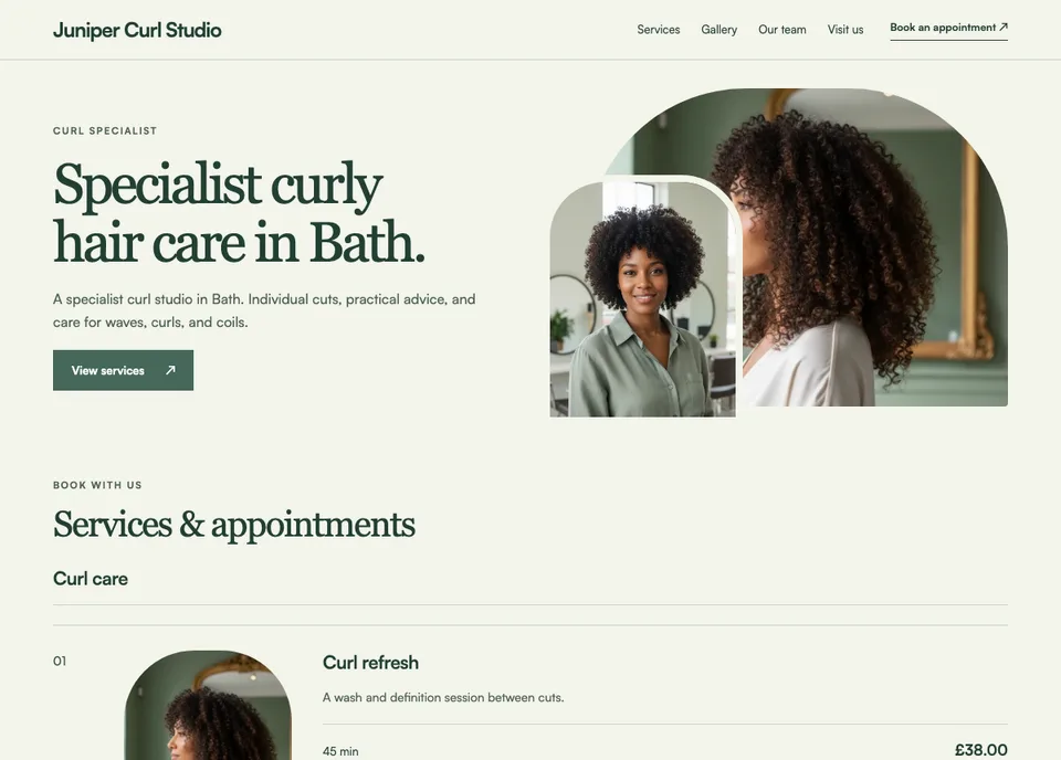 Curl specialist website preview for Juniper Curl Studio