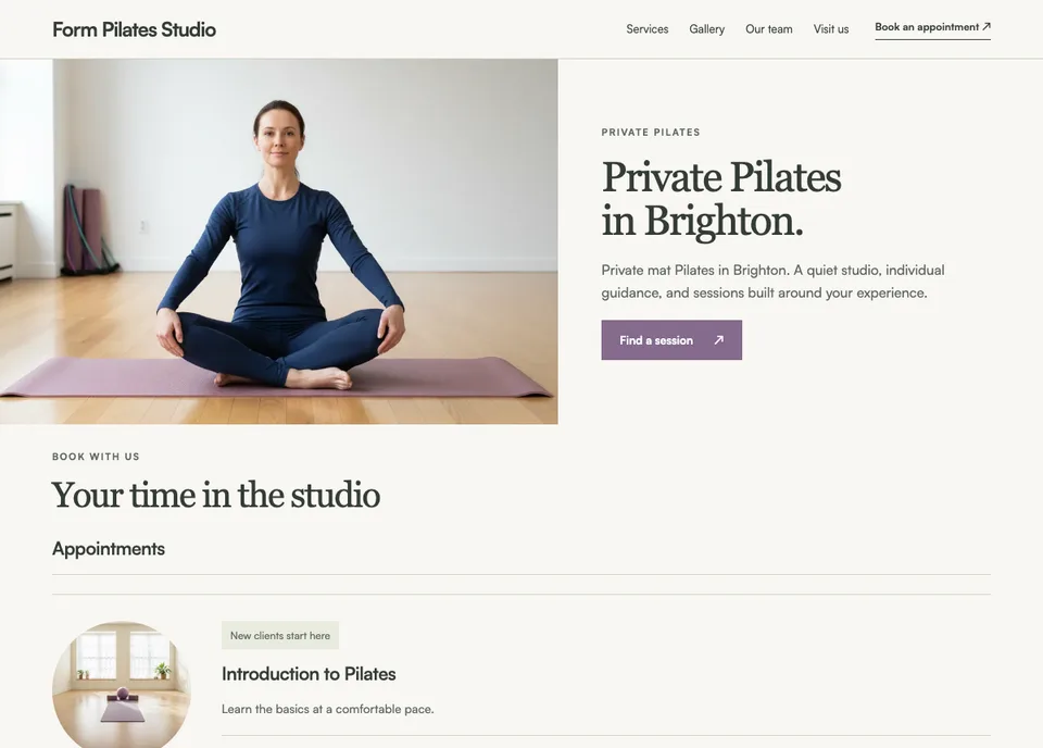 Private Pilates website preview for Form Pilates Studio