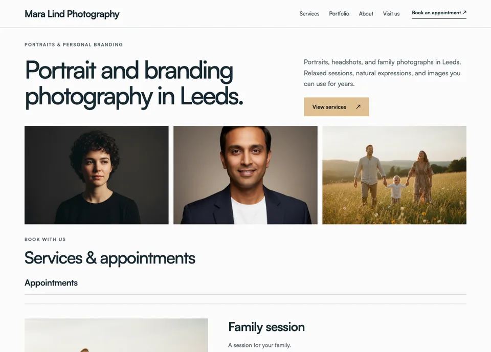 Portrait photography website preview for Mara Lind Photography