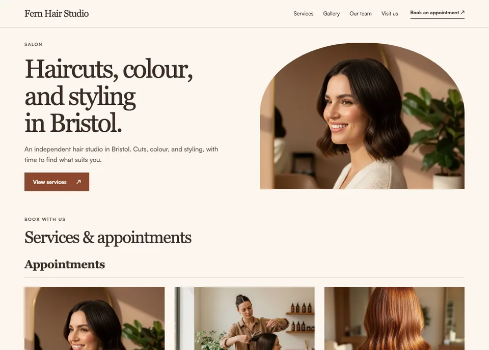 Hair salon website preview for Fern Hair Studio
